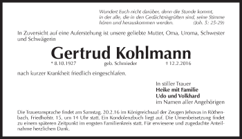 Traueranzeige von Gertrud Kohlmann von Pegnitz-Zeitung