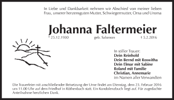 Traueranzeige von Johanna Faltermeier von Pegnitz-Zeitung