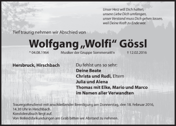 Traueranzeige von Wolfgang Gössl von Hersbrucker Zeitung