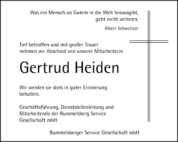 Traueranzeige von Gertrud Heiden von Der Bote