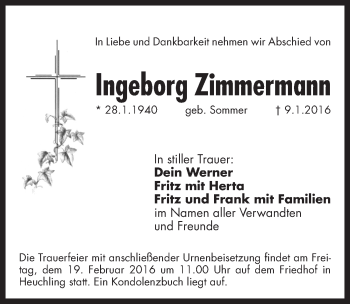 Traueranzeige von Ingeborg Zimmermann von Pegnitz-Zeitung