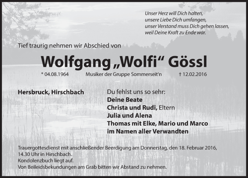  Traueranzeige für Wolfgang Gössl vom 17.02.2016 aus Hersbrucker Zeitung