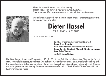 Traueranzeige von Dieter Hassel von Der Bote