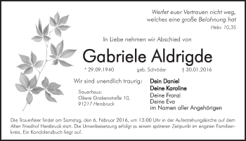 Traueranzeige von Gabriele Aldrigde von Hersbrucker Zeitung