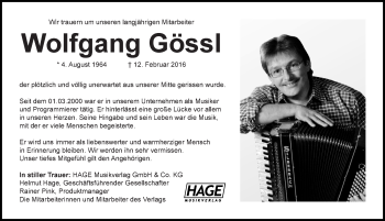 Traueranzeige von Wolfgang Gössl von Hersbrucker Zeitung