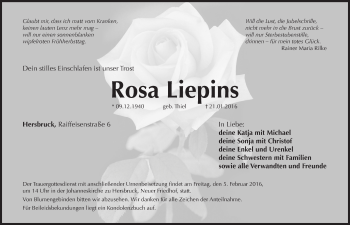 Traueranzeige von Rosa Liepins von Hersbrucker Zeitung