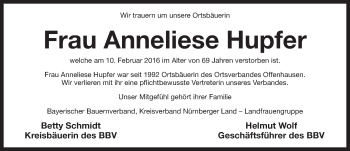 Traueranzeige von Anneliese Hupfer von Pegnitz-Zeitung