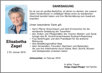 Traueranzeige von Elisabetha Zagel von Hersbrucker Zeitung