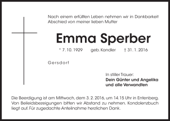 Traueranzeige von Emma Sperber von N-Land