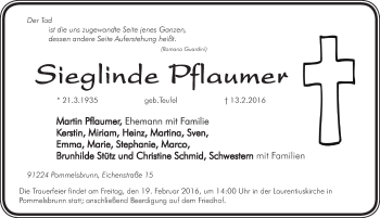 Traueranzeige von Sieglinde Pflaumer von Pegnitz-Zeitung