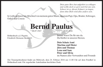 Traueranzeige von Bernd Paulus von Pegnitz-Zeitung