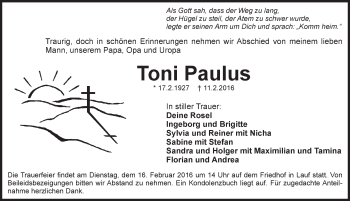 Traueranzeige von Toni Paulus von Pegnitz-Zeitung