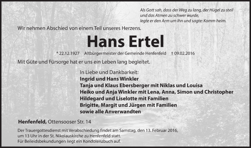  Traueranzeige für Hans Ertel vom 12.02.2016 aus Hersbrucker Zeitung