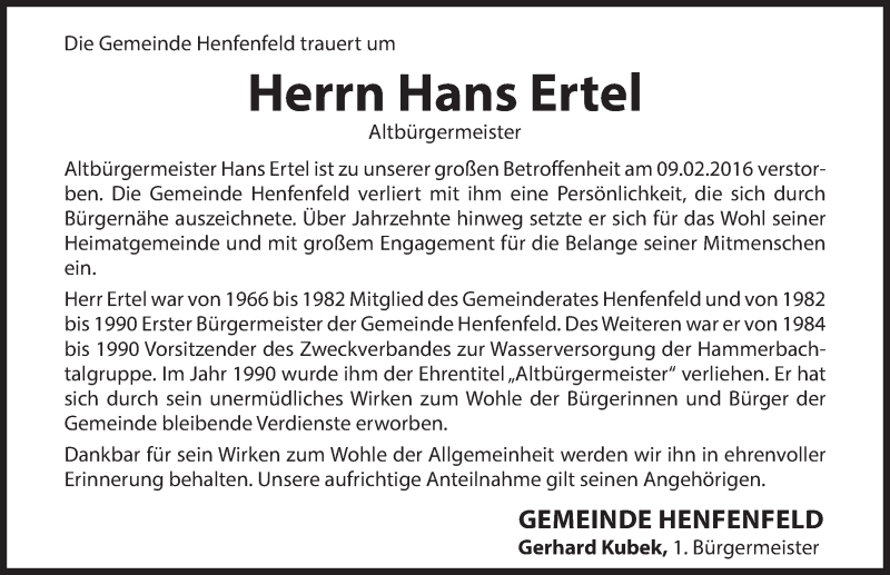  Traueranzeige für Hans Ertel vom 12.02.2016 aus Hersbrucker Zeitung
