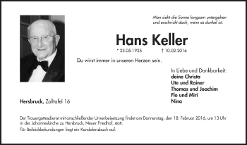 Traueranzeige von Hans Keller von Hersbrucker Zeitung
