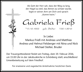 Traueranzeige von Gabriela Frieß von Pegnitz-Zeitung