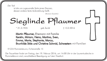 Traueranzeige von Sieglinde Pflaumer von Hersbrucker Zeitung