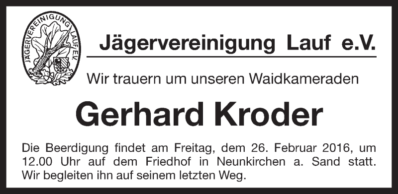  Traueranzeige für Gerhard Kroder vom 24.02.2016 aus Pegnitz-Zeitung