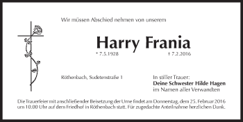 Traueranzeige von Harry Frania von Pegnitz-Zeitung