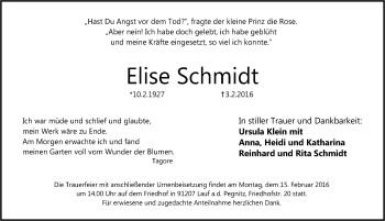 Traueranzeige von Elise Schmidt von Pegnitz-Zeitung