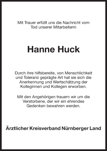 Traueranzeige von Hanne Huck von Pegnitz-Zeitung