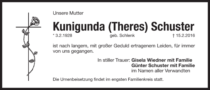  Traueranzeige für Kunigunda Schuster vom 20.02.2016 aus Pegnitz-Zeitung