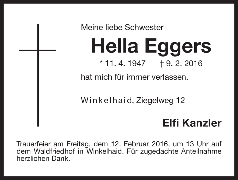  Traueranzeige für Hella Eggers vom 11.02.2016 aus Der Bote