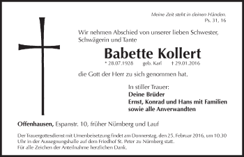 Traueranzeige von Babette Kollert von Hersbrucker Zeitung