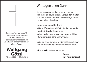 Traueranzeige von Wolfgang Gössl von Hersbrucker Zeitung