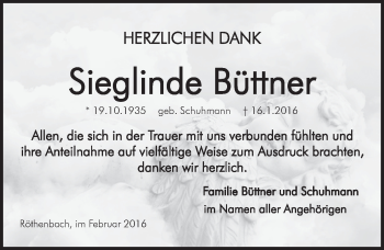 Traueranzeige von Sieglinde Buettner von Pegnitz-Zeitung
