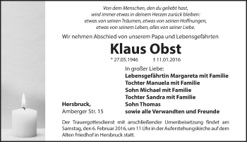 Traueranzeige von Klaus Obst von Hersbrucker Zeitung