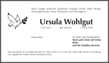 Traueranzeige von Ursula Wohlgut von Pegnitz-Zeitung