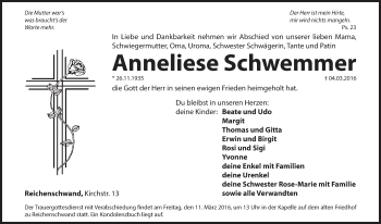 Traueranzeige von Anneliese Schwemmer von Hersbrucker Zeitung