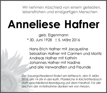 Traueranzeige von Anneliese Hafner von Pegnitz-Zeitung