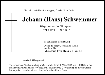 Traueranzeige von Johann Schwemmer von Der Bote