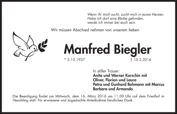 Traueranzeige von Manfred Biegler von Pegnitz-Zeitung