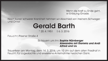 Traueranzeige von Gerald Barth von Der Bote