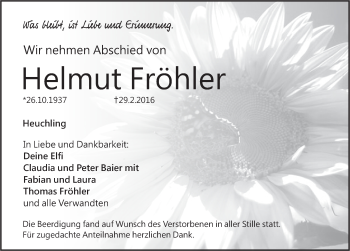 Traueranzeige von Helmut Fröhler von Pegnitz-Zeitung