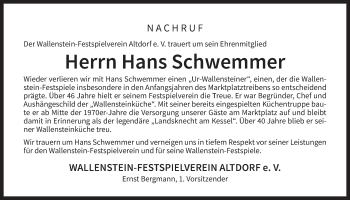 Traueranzeige von Hans Schwemmer von Der Bote