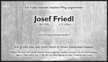 Traueranzeige von Josef Friedl von Pegnitz-Zeitung