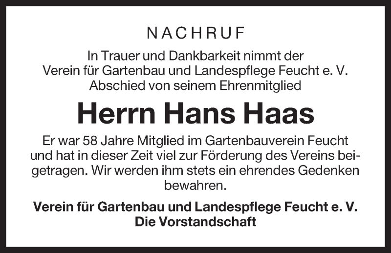  Traueranzeige für Hans Haas vom 15.03.2016 aus Der Bote