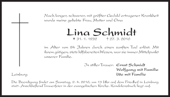 Traueranzeige von Lina Schmidt von Der Bote