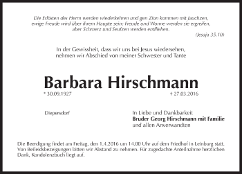 Traueranzeige von Barbara Hirschmann von Pegnitz-Zeitung