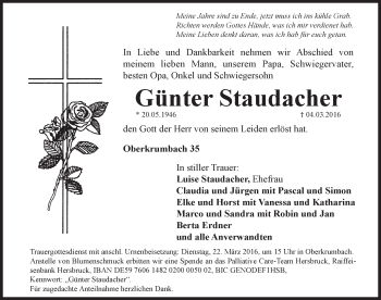 Traueranzeige von Günter Staudacher von Hersbrucker Zeitung