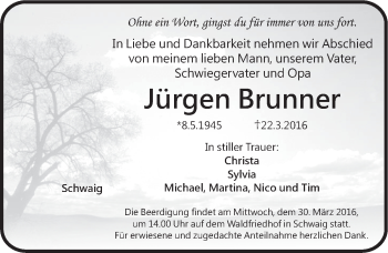 Traueranzeige von Jürgen Brunner von Pegnitz-Zeitung
