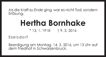 Traueranzeige von Hertha Bornhake von Der Bote