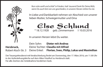 Traueranzeige von Else Schlund von Hersbrucker Zeitung