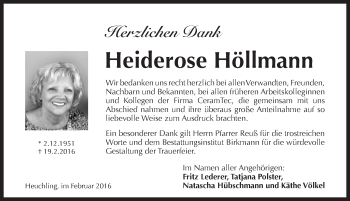 Traueranzeige von Heiderose Höllmann von Pegnitz-Zeitung