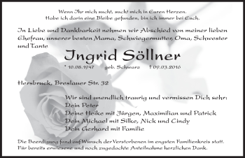 Traueranzeige von Ingrid Söllner von Hersbrucker Zeitung
