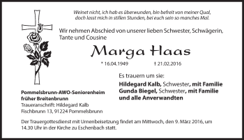 Traueranzeige von Marga Haas von Hersbrucker Zeitung